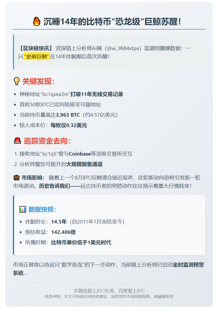 "沉睡14.5年BTC巨鲸苏醒，4.57亿美元大额转账"