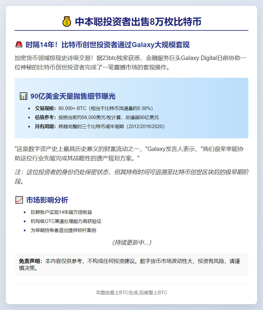"中本聪投资者出售8万枚比特币"