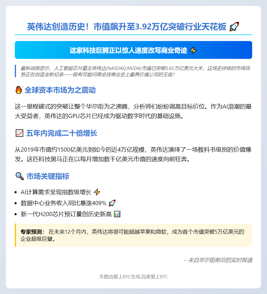 "NVIDIA市值破3.92万亿，或成全球第一"