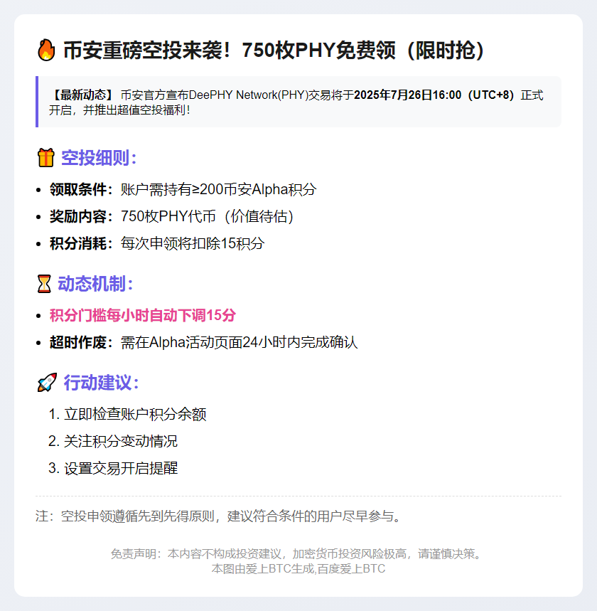 币安用户200积分可领750枚PHY