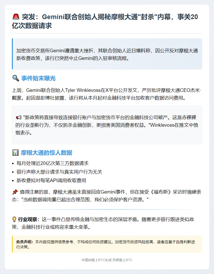 摩根大通因费用争议中止Gemini入驻