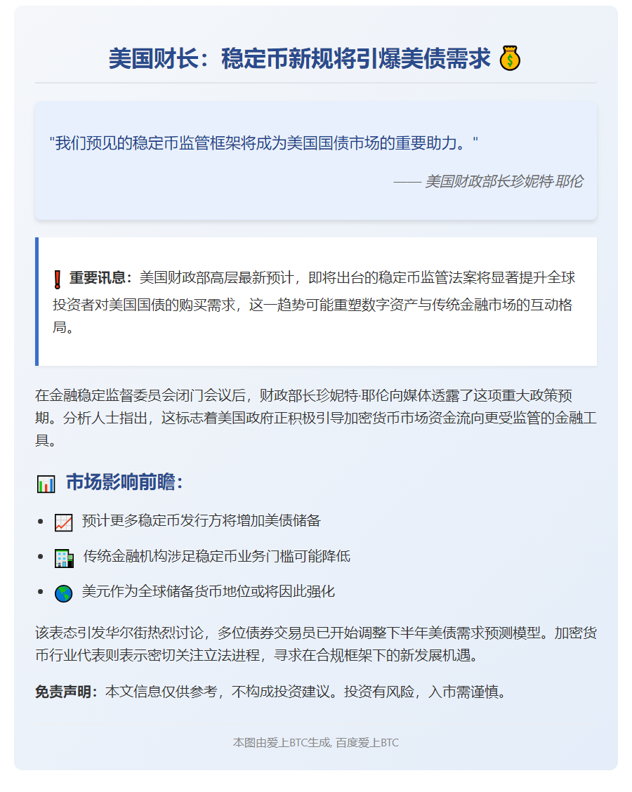 美财长：稳定币法将提振美债需求