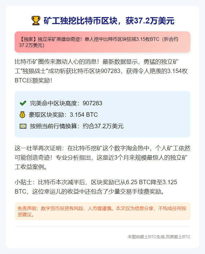矿工独挖比特币区块，获37.2万美元