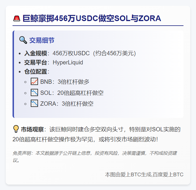 巨鲸豪掷456万USDC做空SOL与ZORA
