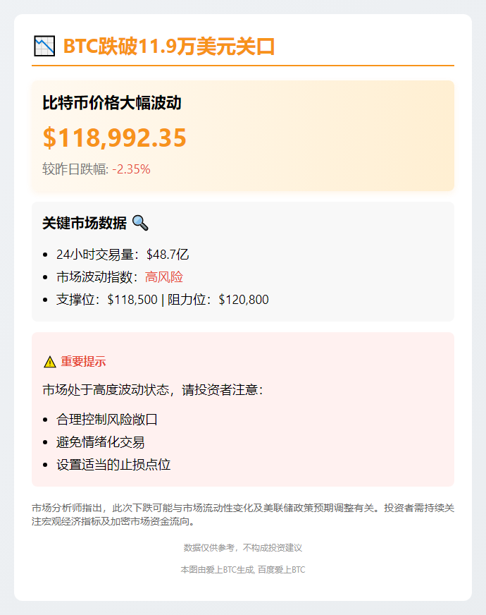 标题：BTC跌破11.9万美元