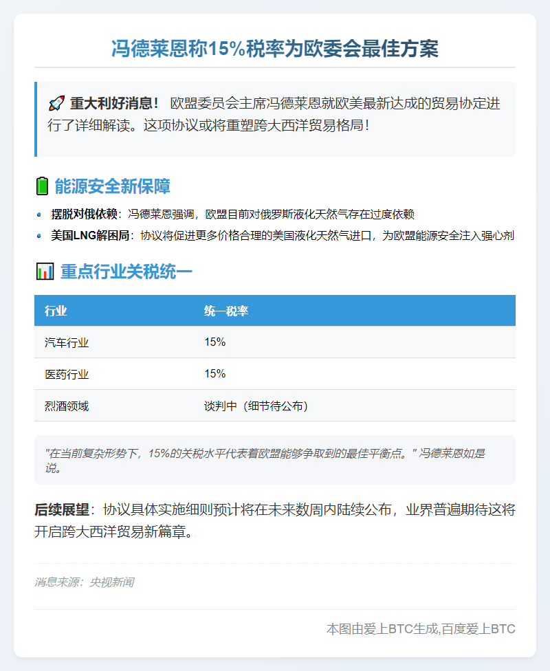 冯德莱恩称15%税率为欧委会最佳方案