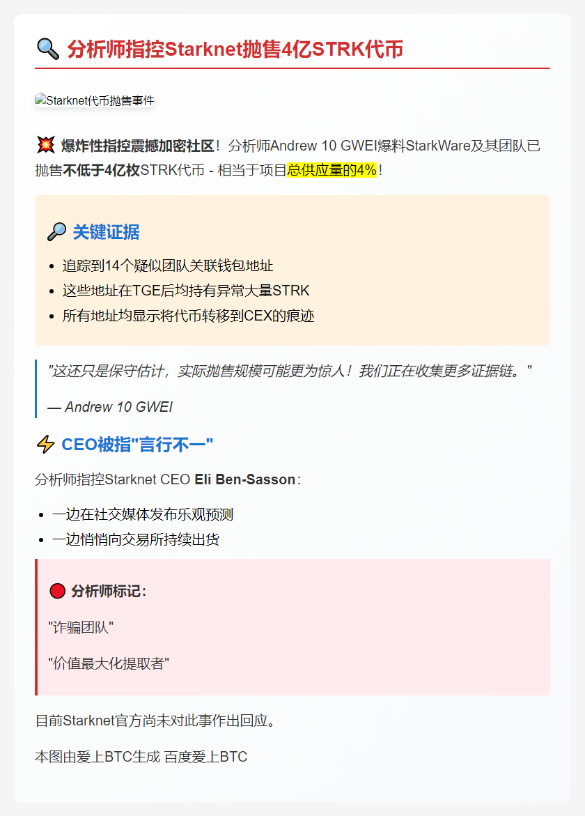 分析师指控Starknet抛售4亿STRK代币