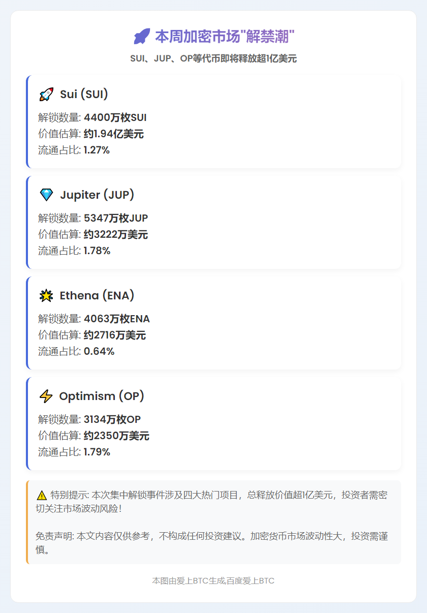 SUI、JUP、OP本周解锁超1亿美元