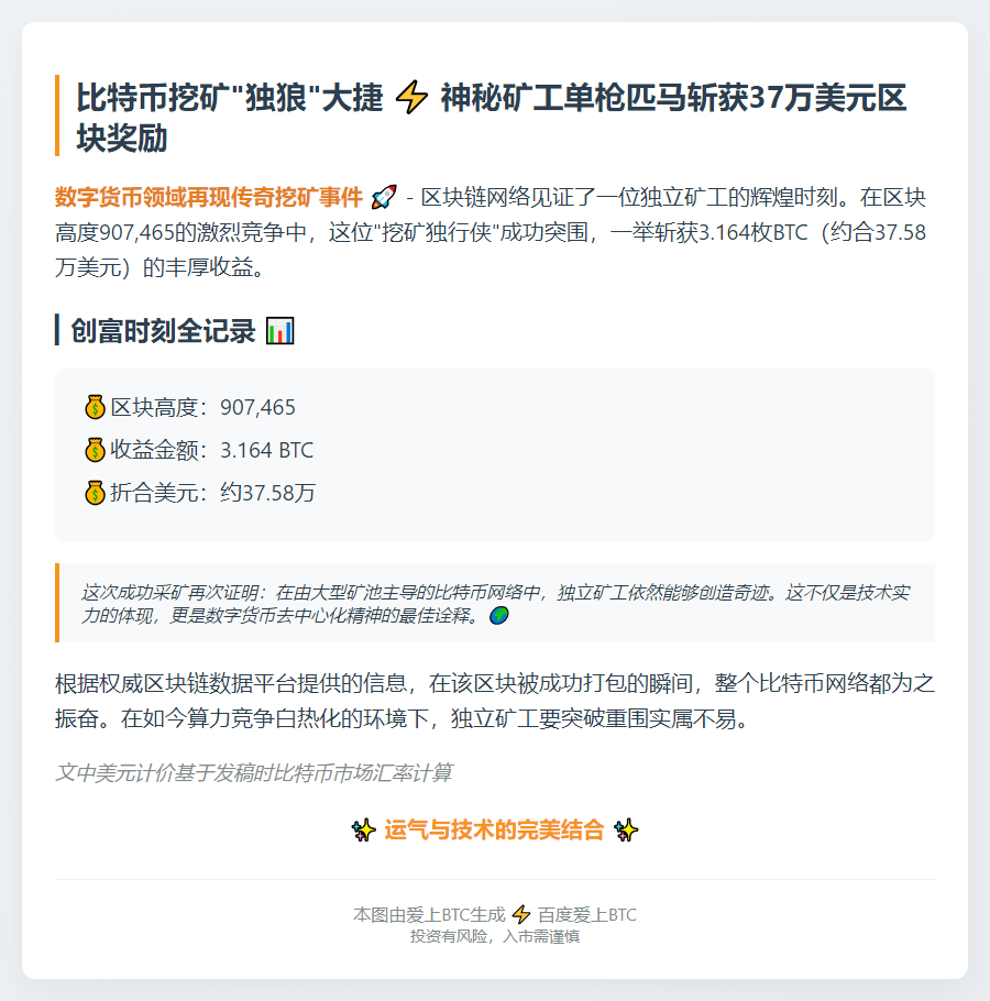 矿工打包区块907465，获3.164 BTC