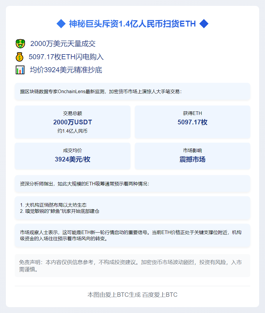 巨鲸2000万美元买入5097枚以太坊