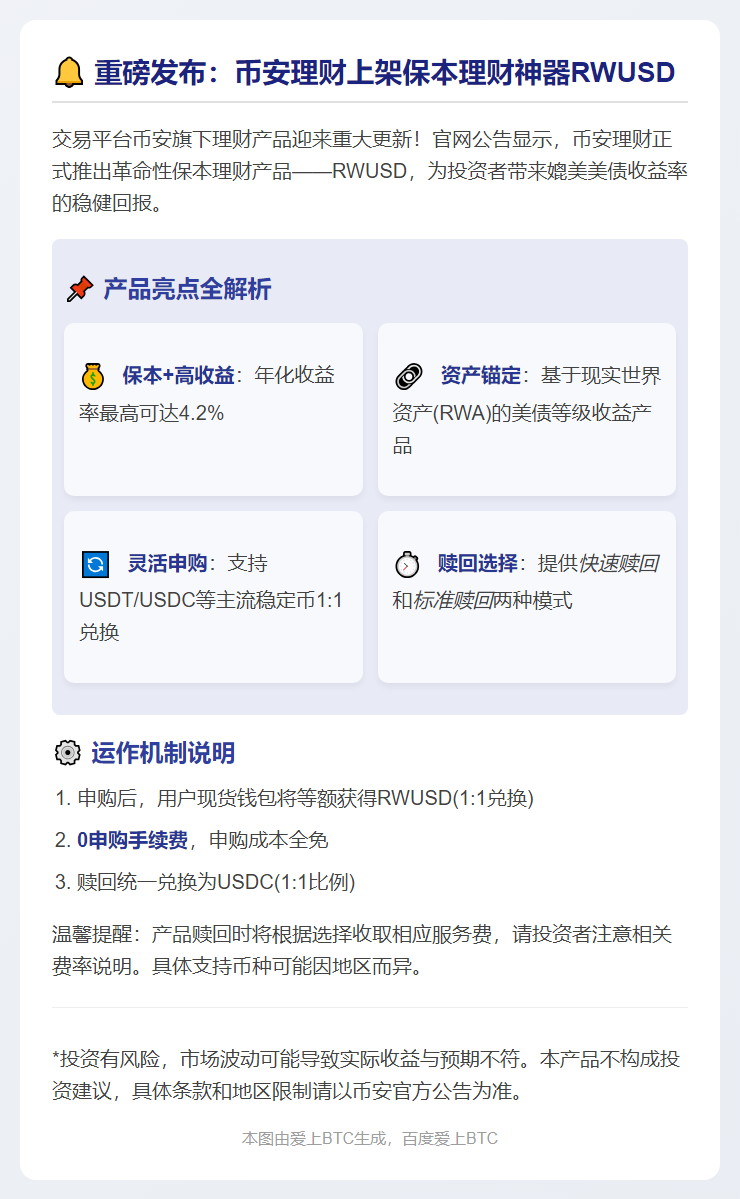 币安推出保本理财产品RWUSD