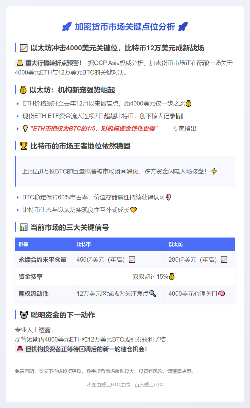 预期以太坊4000美元、比特币12万美元区域或现获利回吐