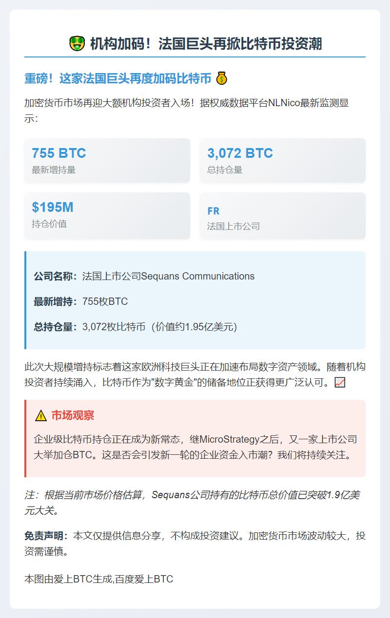 Sequans 再增755枚BTC 总持仓达3,072枚