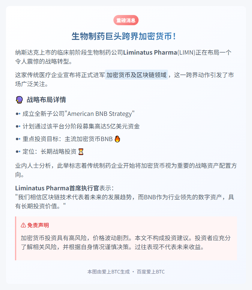 医疗公司Liminatus拟募资5亿美元投BNB