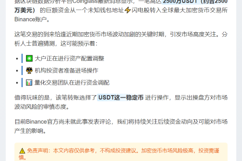 2,500万USDT流入Binance