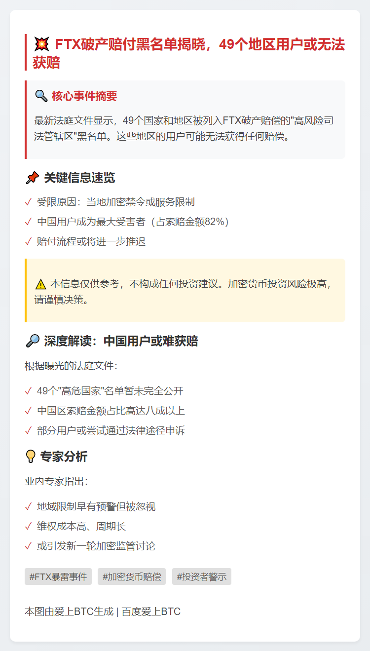49个地区用户或无法获FTX破产赔偿