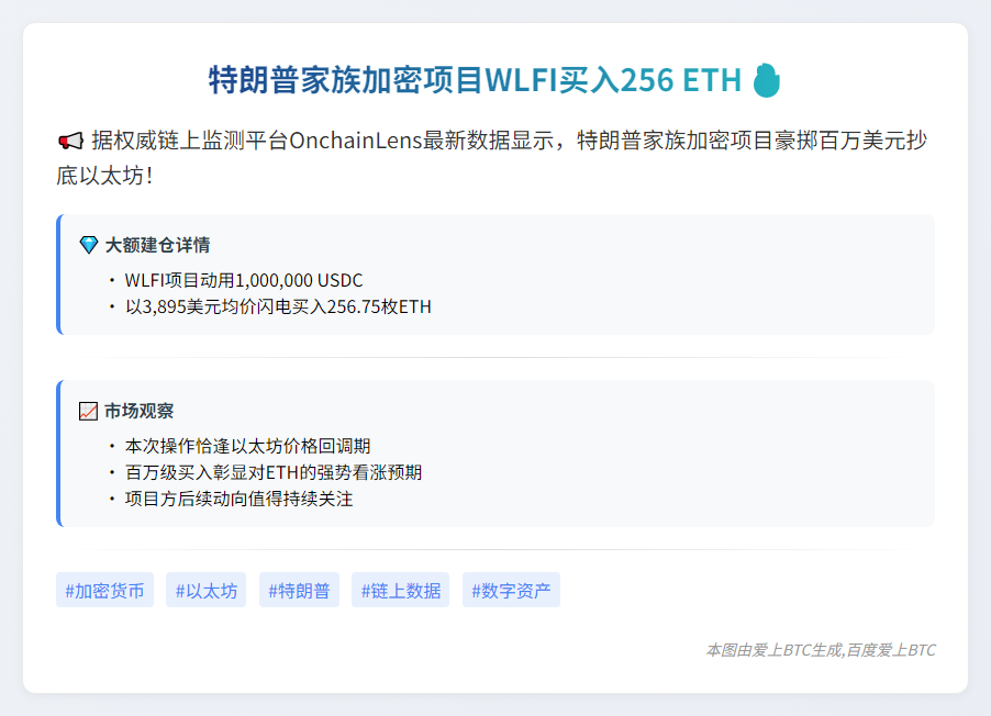 特朗普家族加密项目WLFI买入256 ETH