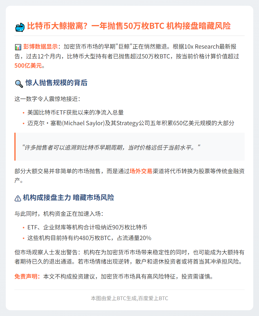 1年内早期比特币持有者抛售50万枚，机构流入停滞或致急跌
