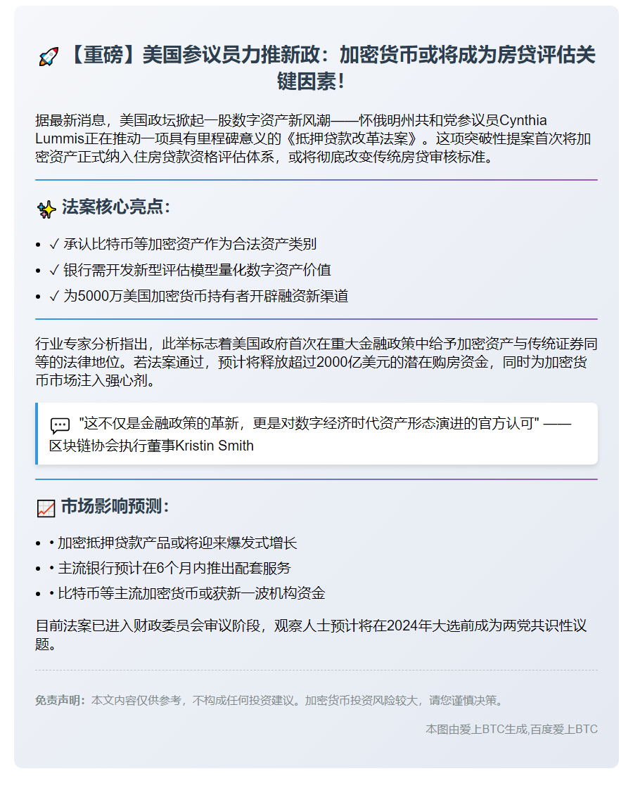 美议员推加密资产计入房贷资质