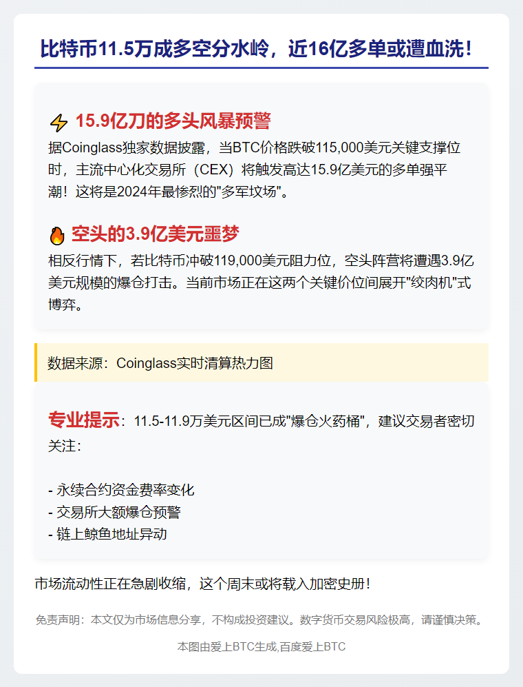 比特币若跌至11.5万刀，CEX多单清算或达15.9亿
