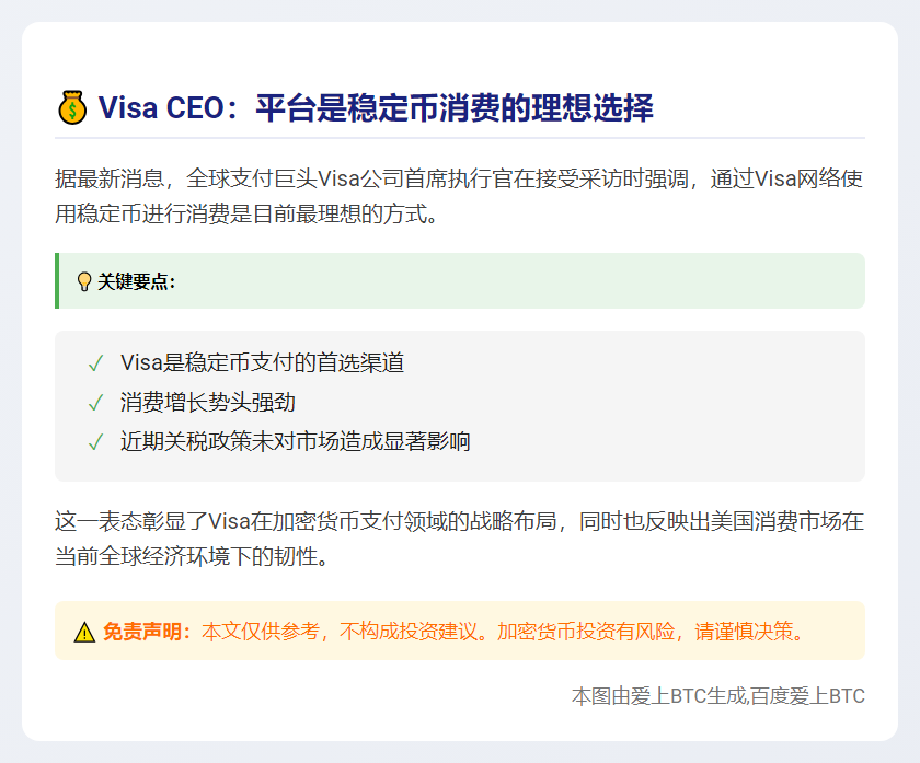 "Visa CEO：稳定币消费的最佳选择"