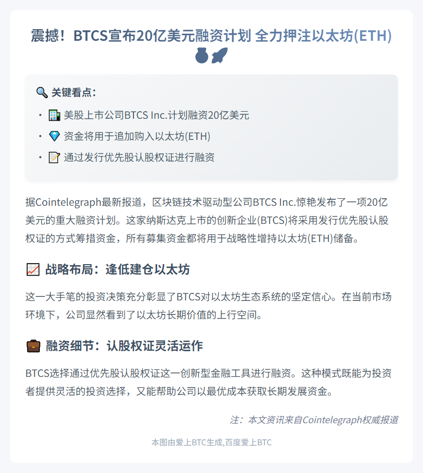BTCS拟融资20亿美元持续加仓ETH