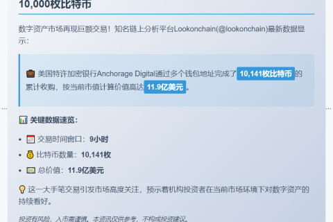 Anchorage Digital一天买入10,141枚比特币