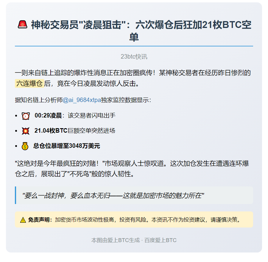 "一交易者凌晨加空21枚BTC 仓位超3000万美元"