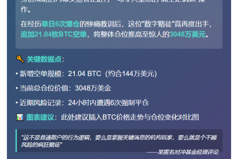 凌晨加仓21.04枚BTC空单，总仓位3048万美元