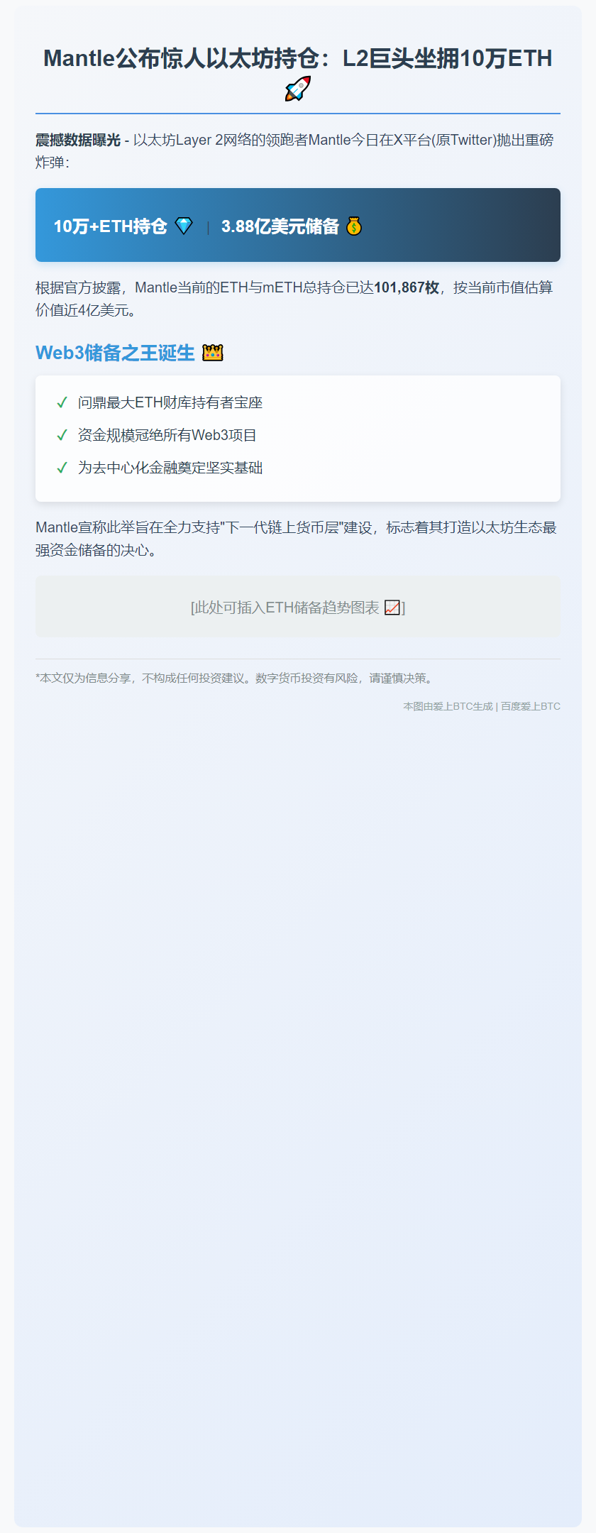 Mantle公布10万枚ETH储备数据