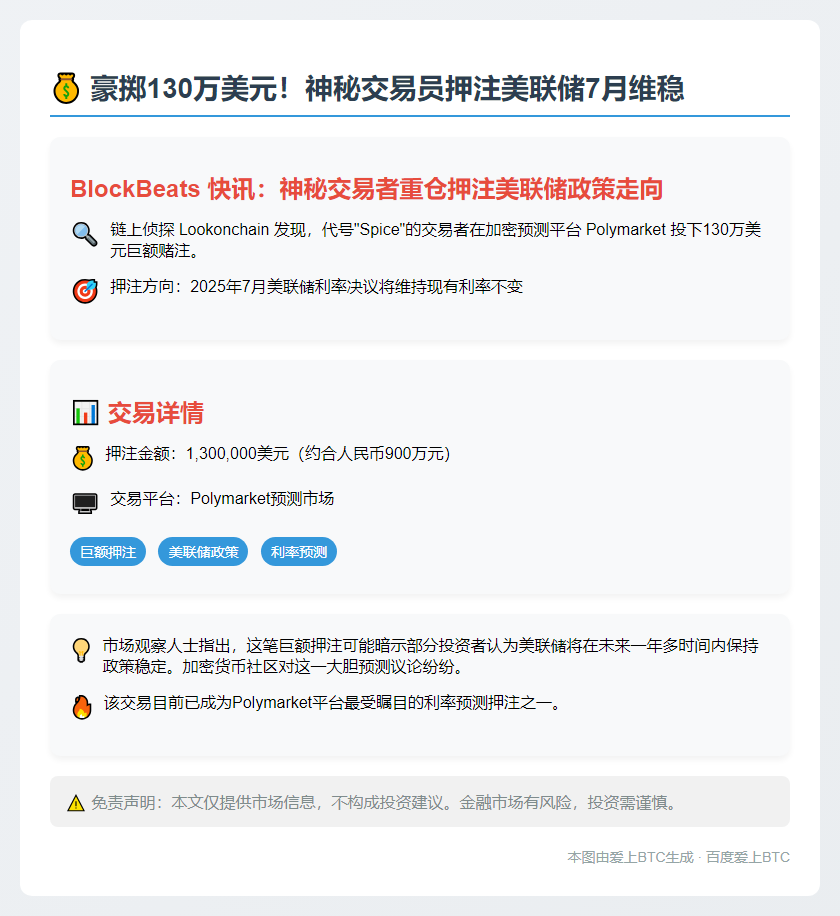 用户豪掷130万美元押注美联储7月维稳