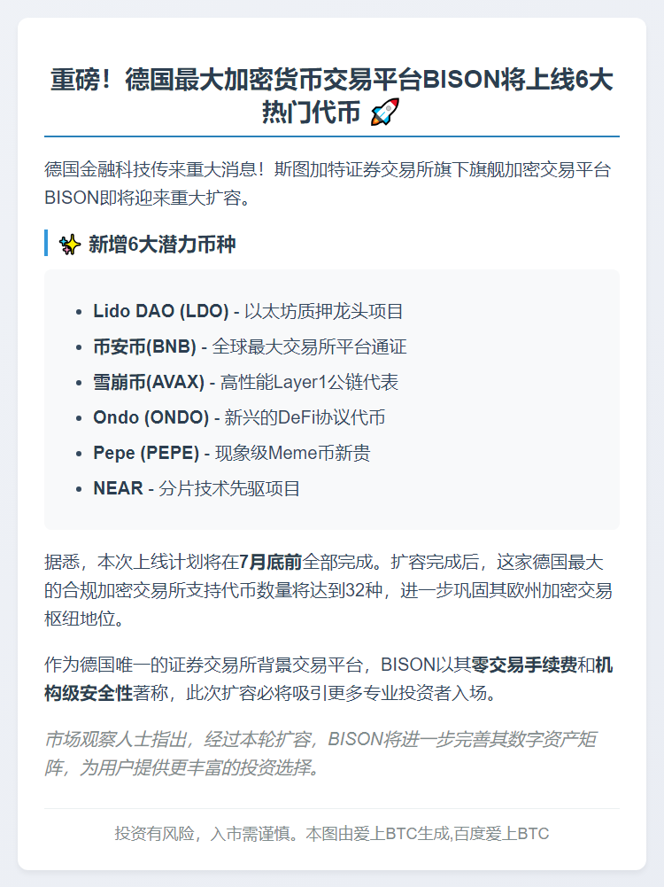 BISON平台新增六种加密交易品种