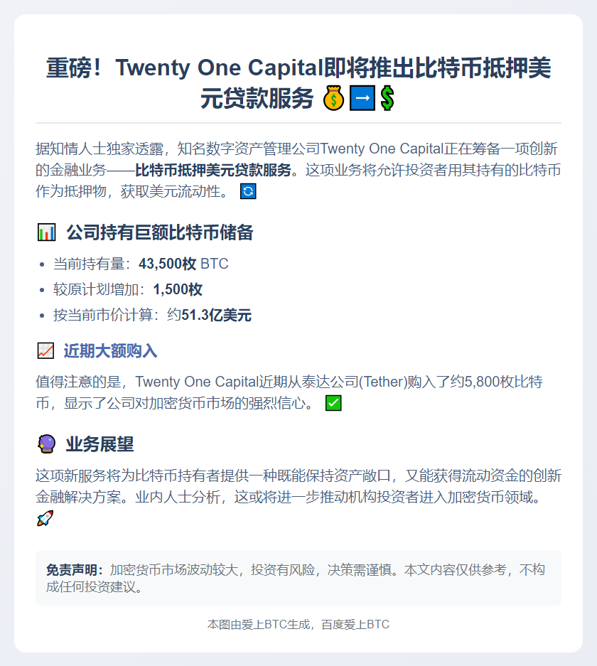 21 Capital将推比特币抵押美元贷款