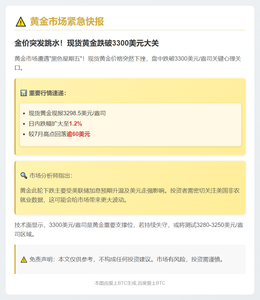 黄金跌破3300，7月来首次