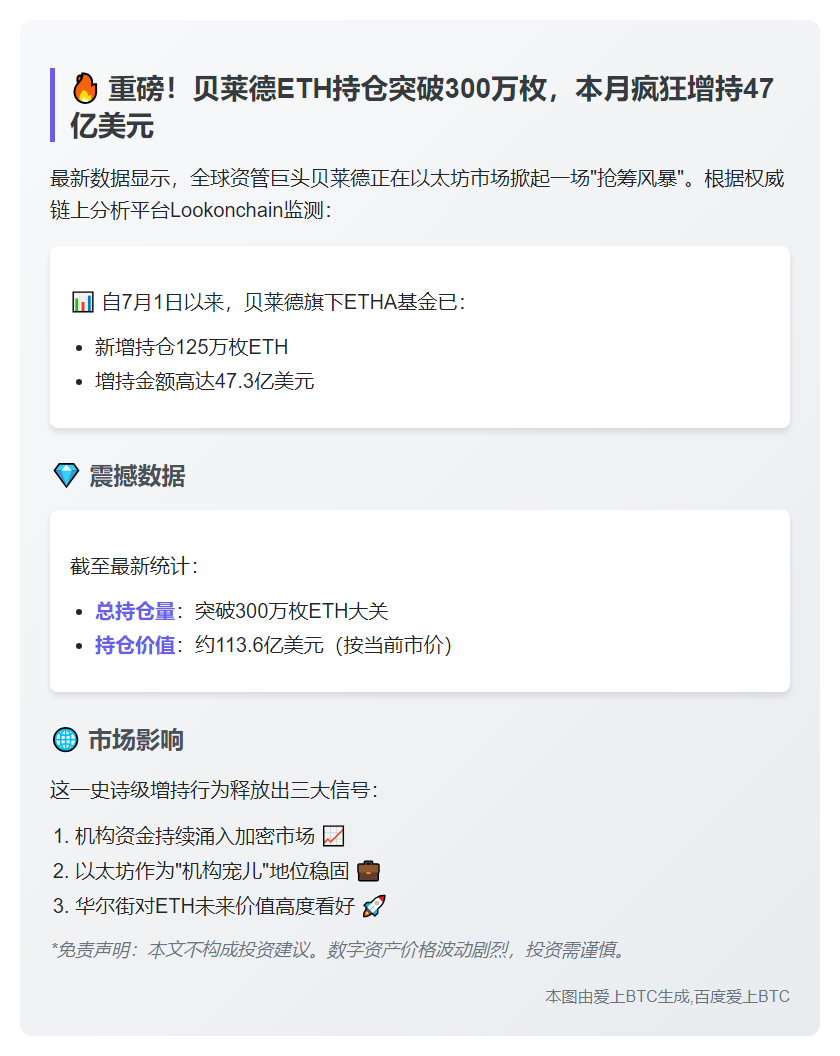 贝莱德ETHA持仓突破300万枚ETH
