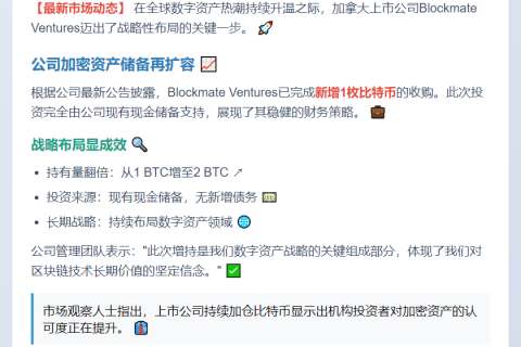 Blockmate Ventures增持1枚比特币