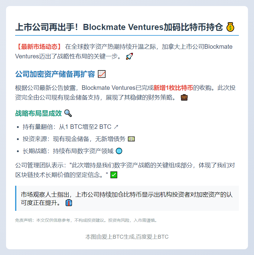 Blockmate Ventures增持1枚比特币