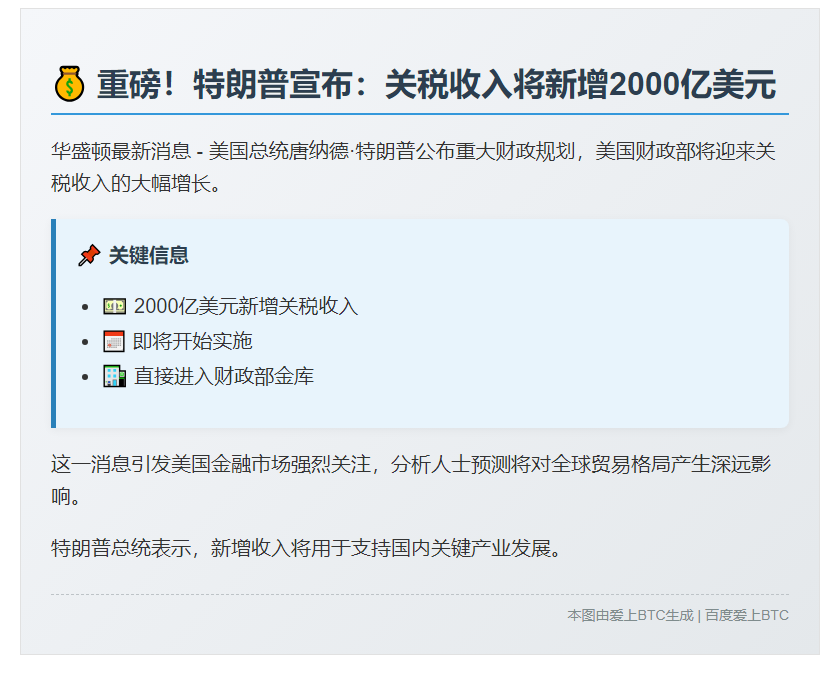 特朗普：关税收入将新增2000亿美元