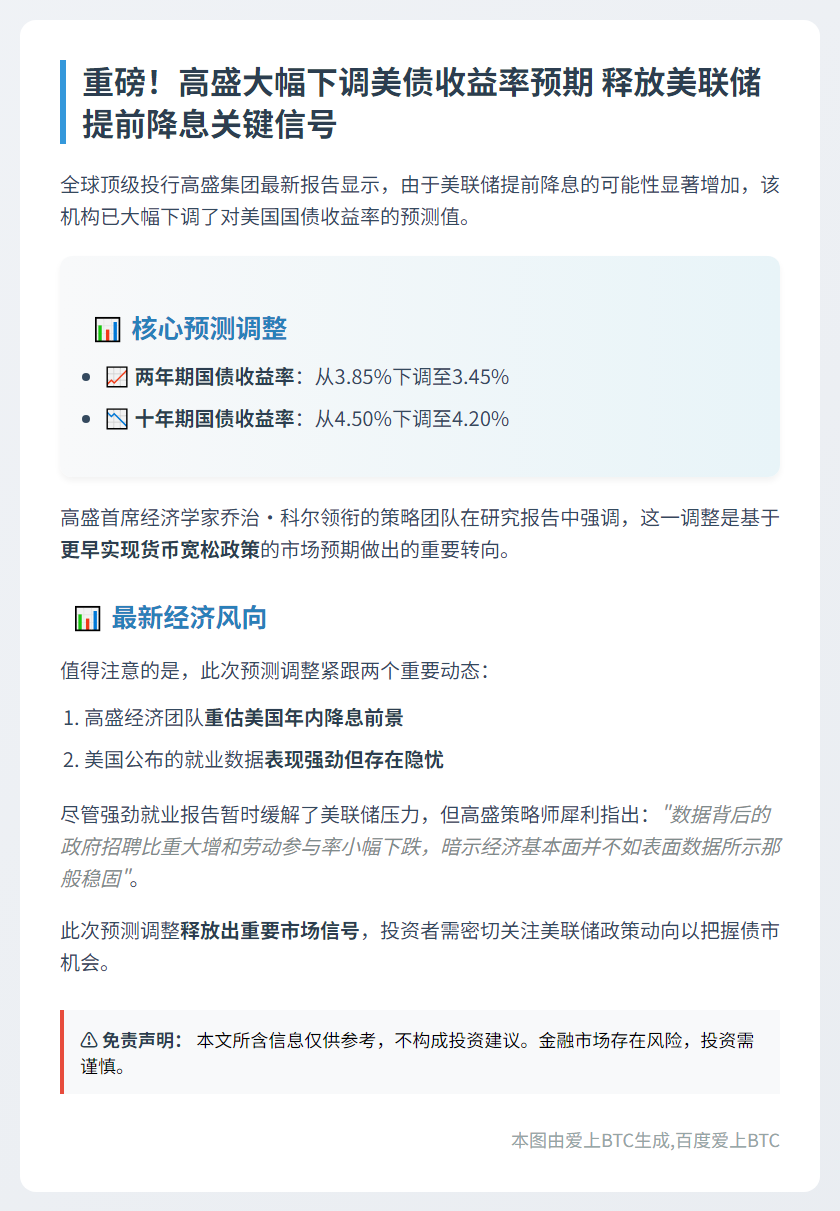 高盛下调美债收益率预期 美联储或提前降息