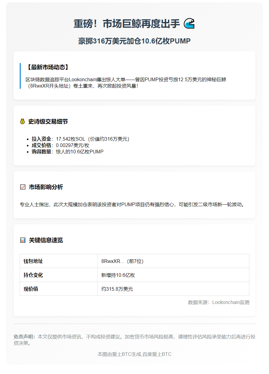 巨鲸316万美元加仓10.6亿PUMP