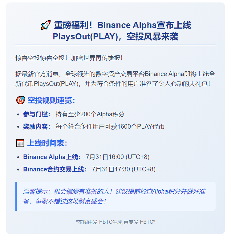 "Binance Alpha上线PLAY，200分可领空投"
