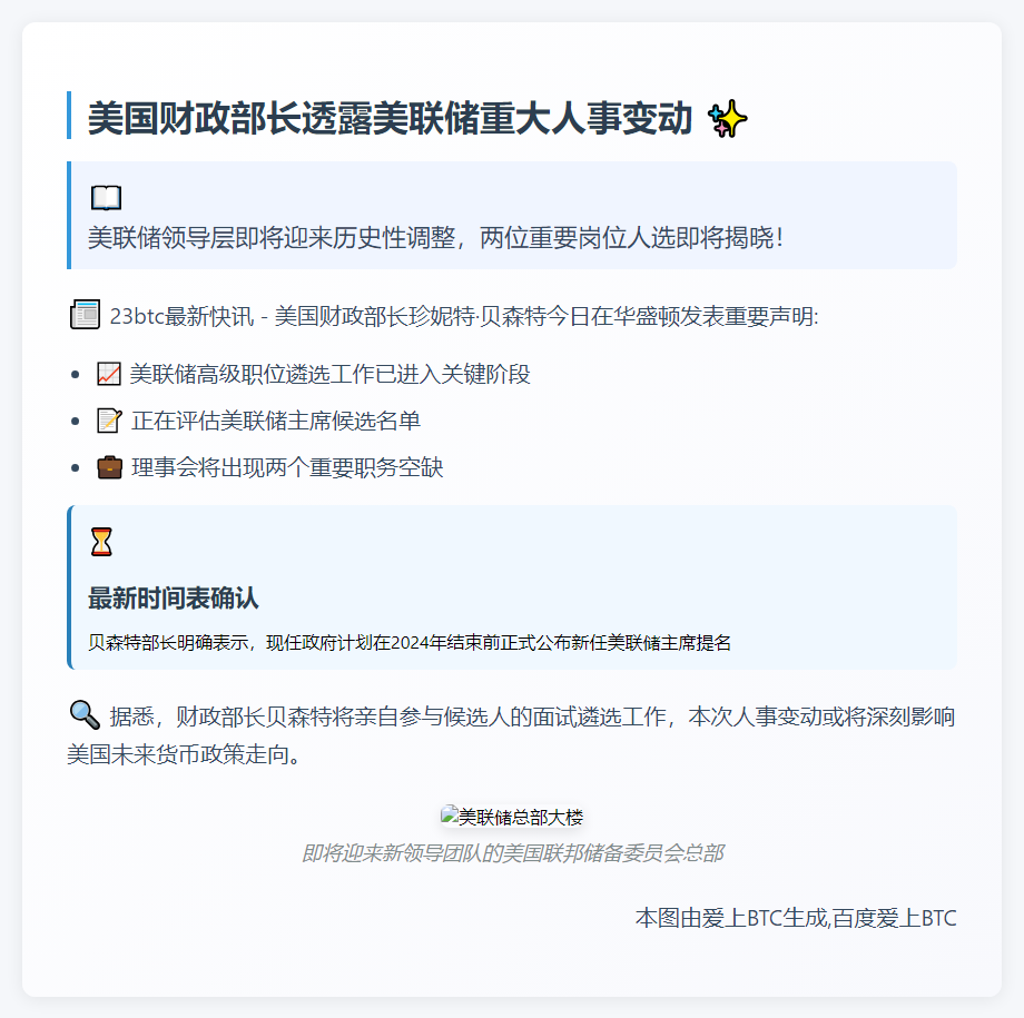 贝森特：美联储主席提名年底前公布