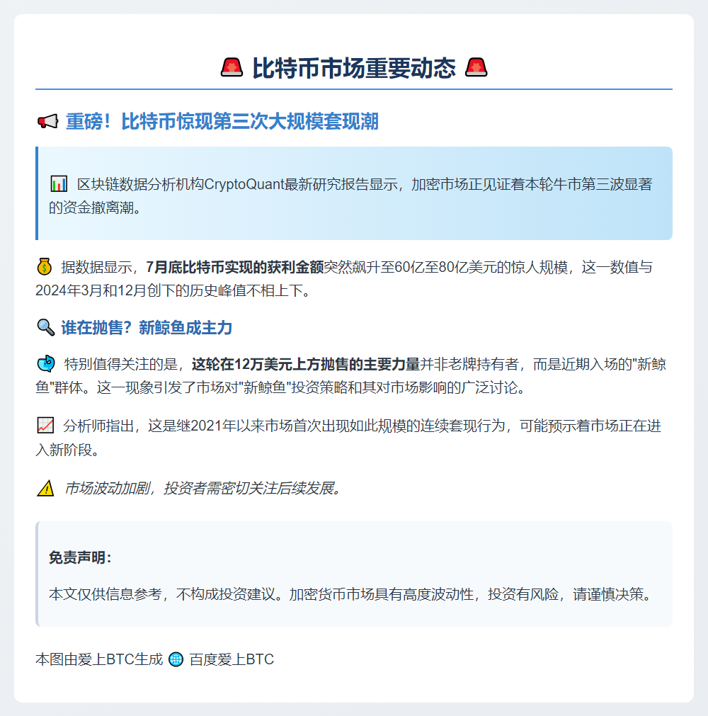 比特币牛市迎第三轮获利了结12万抛售主力为新鲸鱼