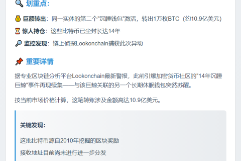 沉眠鲸钱包转出1万BTC