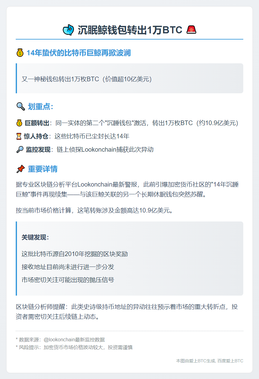 沉眠鲸钱包转出1万BTC