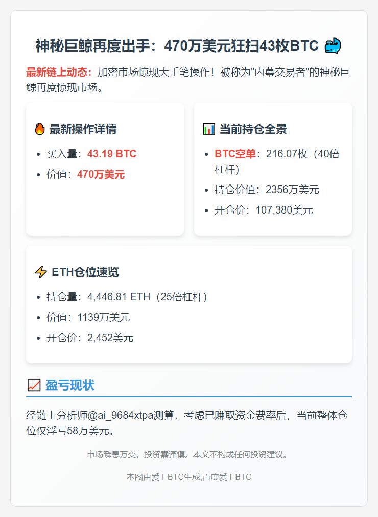 "神秘交易者再砸470万加仓43枚BTC"