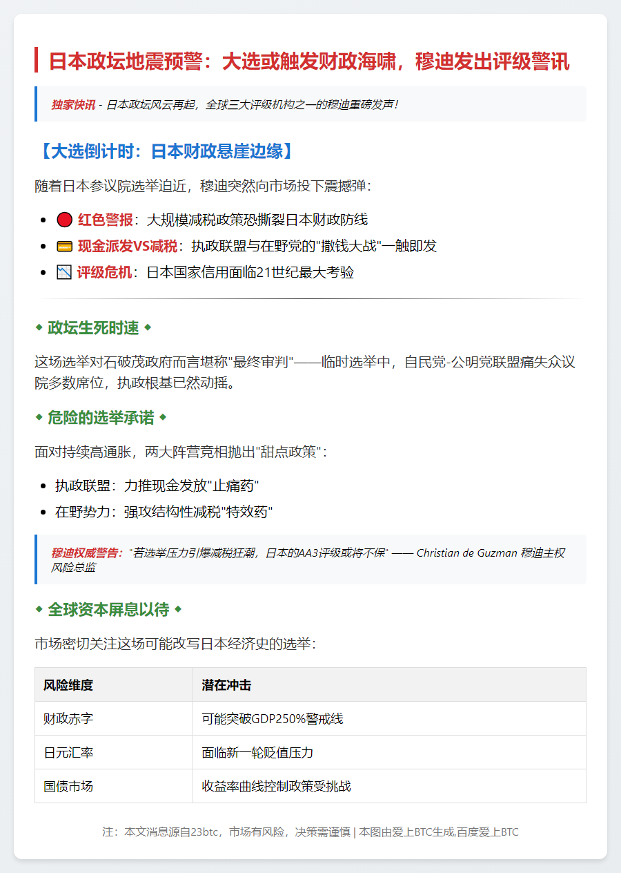 "穆迪：日本大选或冲击财政评级"