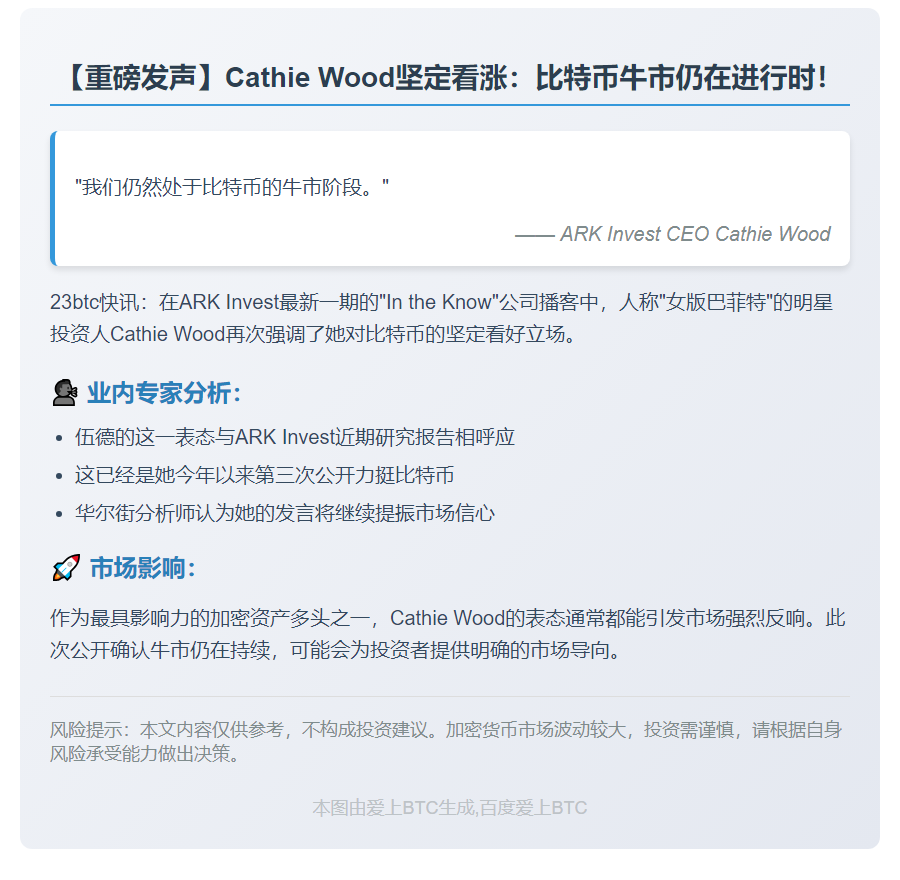 Cathie Wood：比特币牛市仍在持续