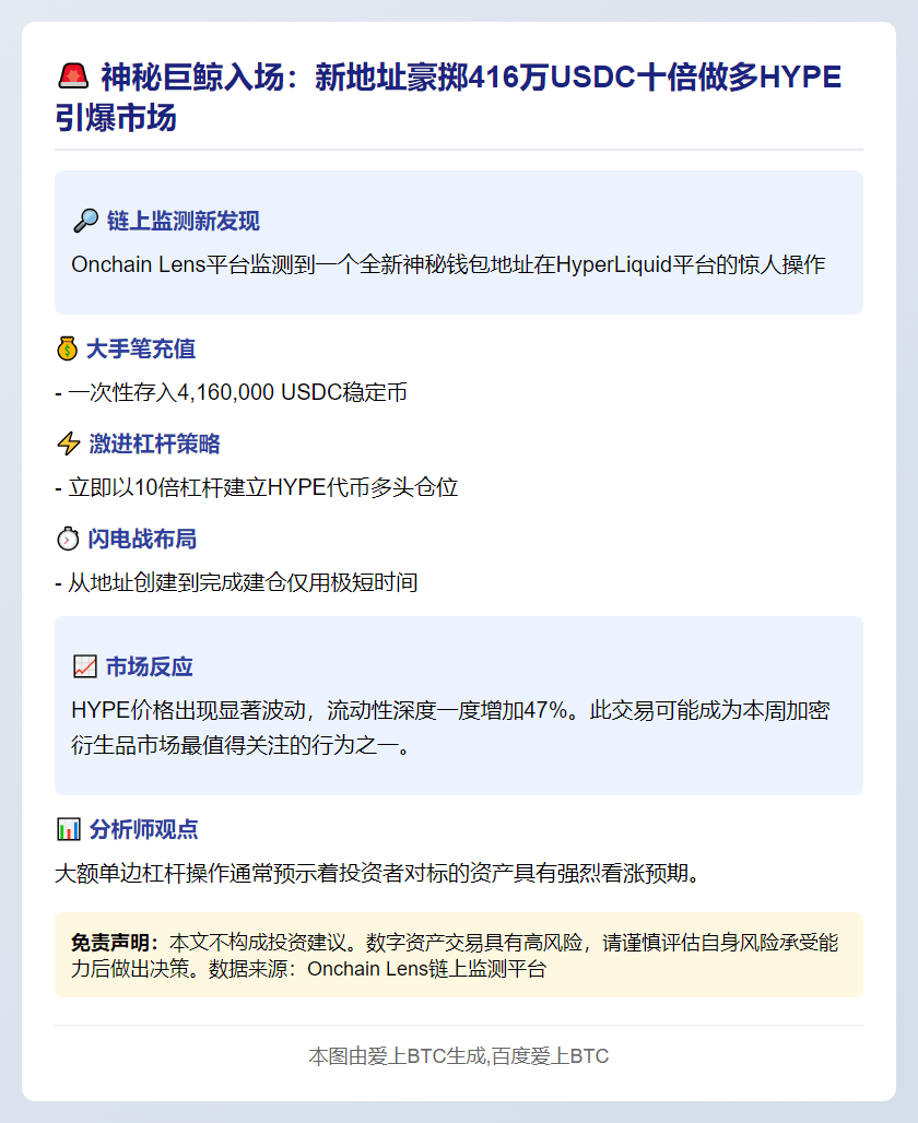 新地址存入416万USDC，10倍做多HYPE