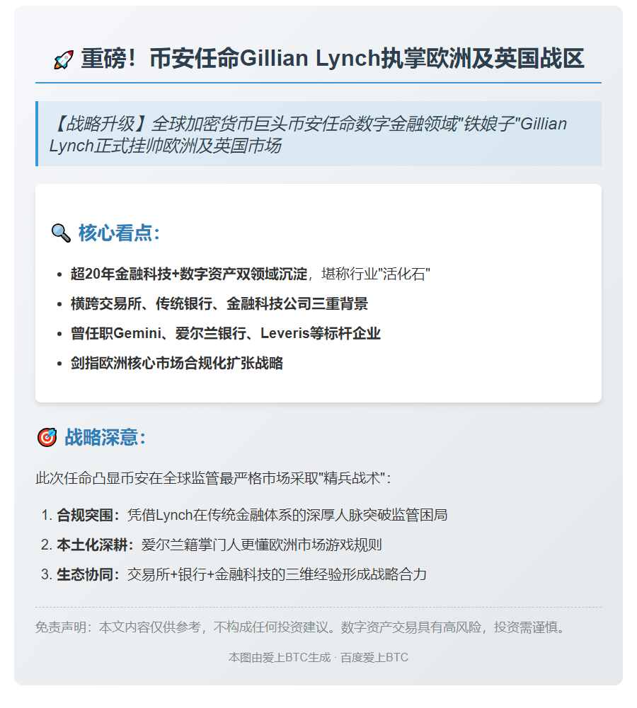 币安任命GillianLynch主导欧洲及英国业务